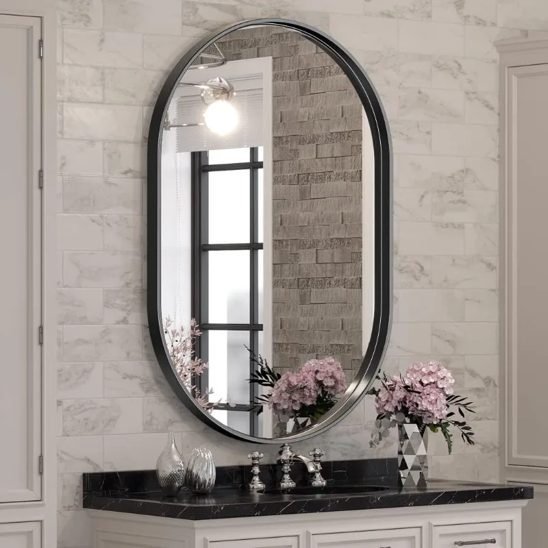 Oval Mirror for Wall 24x36 Inch, Bathroom Vanity Mirrors Black Metal Framed, Modern Mirror for Bedroom Living Room Wall