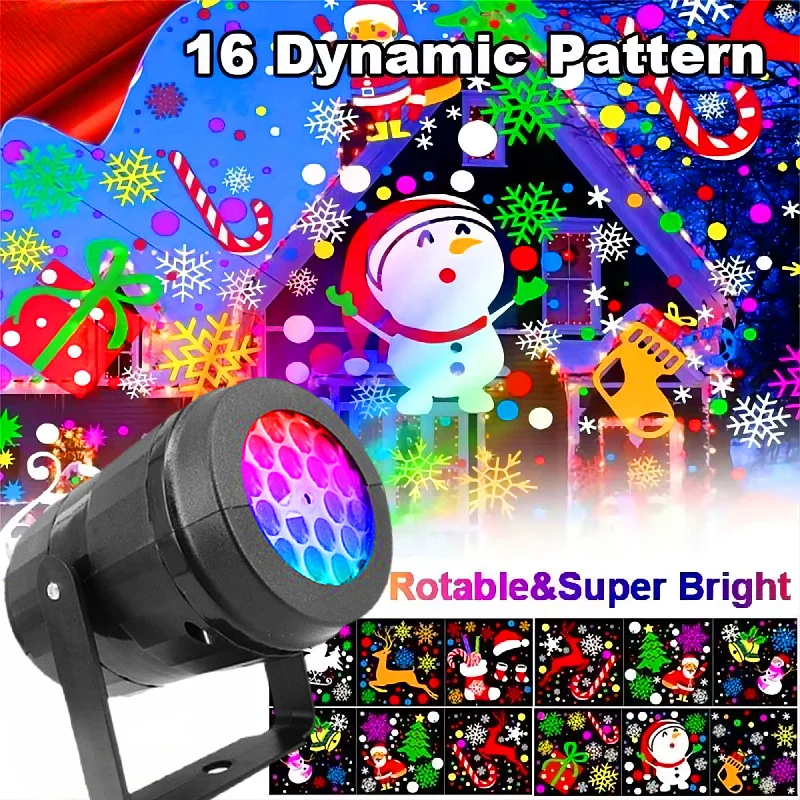 1pc LED Christmas Projector Lights 16 Pattern Snowflakes Blizzard Rotating Decoration Atmosphere Holiday Laser Stage Light