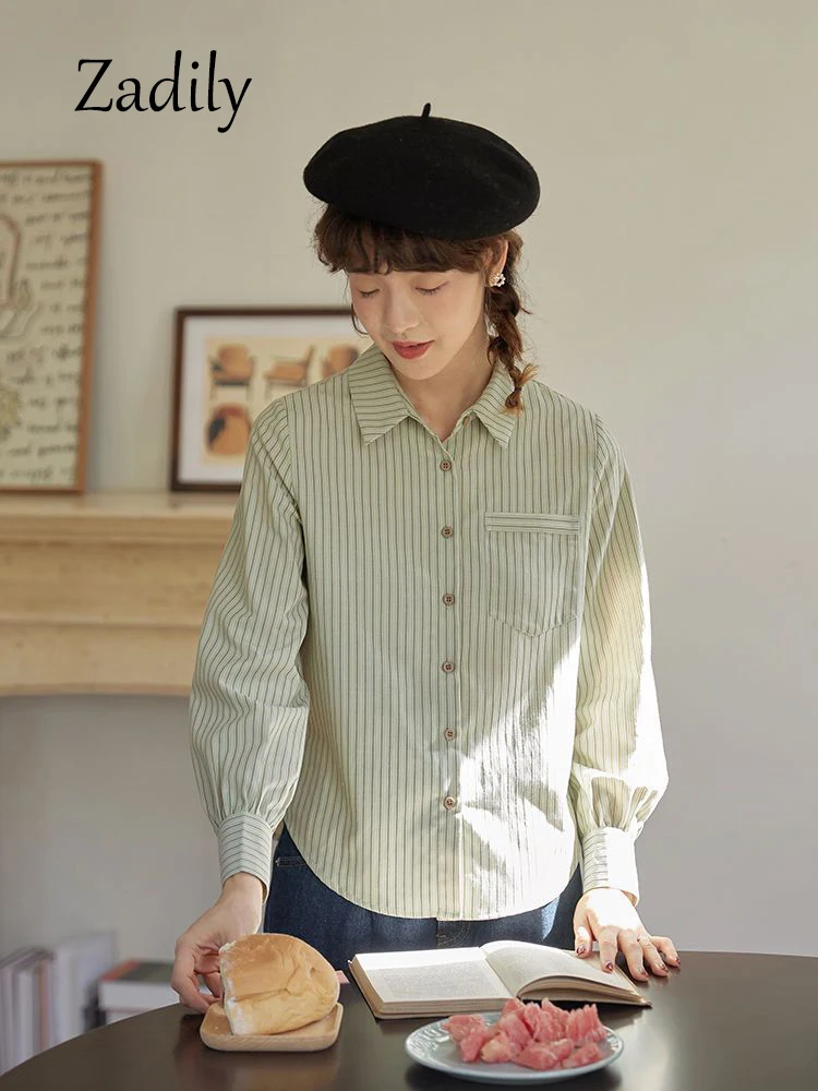 Zadily 2024 Frühling Korea Stil Langarm Frauen Basic gestreiftes Hemd Büro Dame Knopf oben Damen Arbeits hemden weibliche Bluse Tops