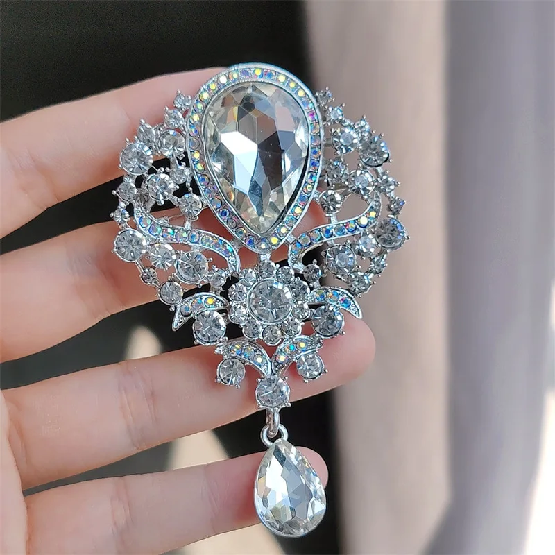 Luxury Elegant Large Crystal Water-drop Brooches for Women Vintage Fashion Pendant Style Elegant Wedding Pins Party Jewelry