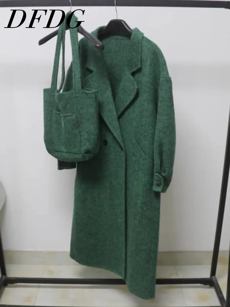 

DFDG FW25 Women’s Reversible Wool Trench Coat Oversized Knee-Length Winter Coat Tailored Suit Collar Double-Faced Thermal Jacket