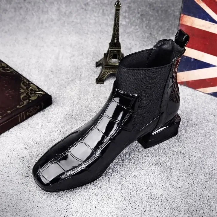 2024 Spring Ankle Boots Women Winter Single Shoes Velvet Low-heeled Patent Leather Pointed Thick Fashion Woman Boots Size 42