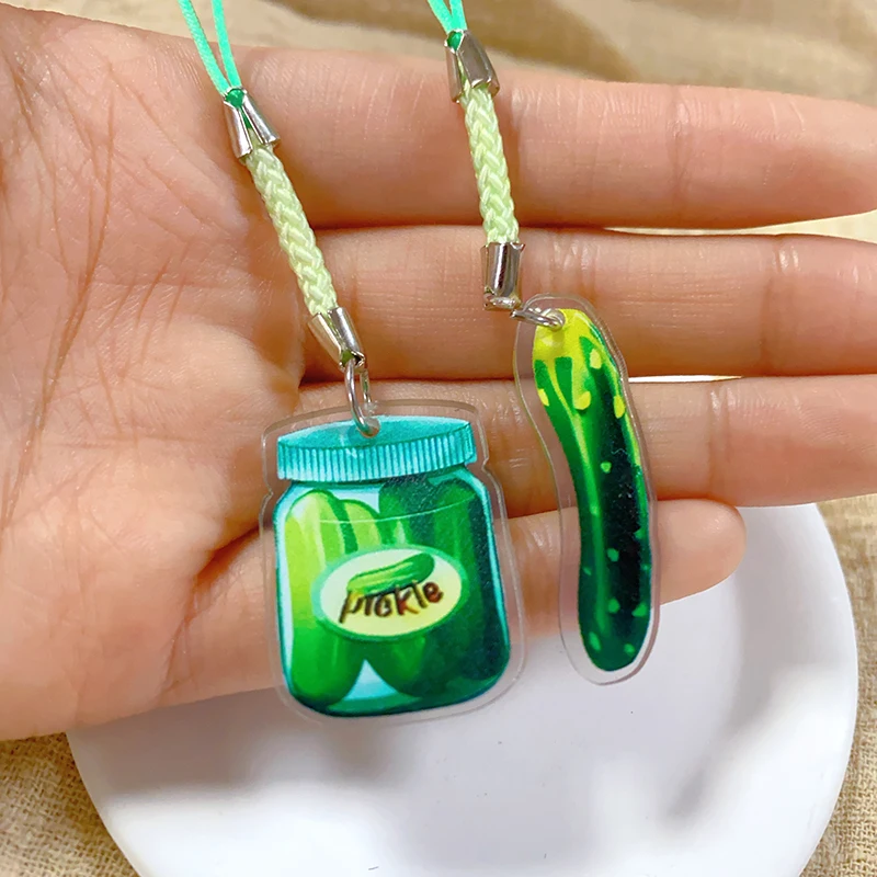 Acrylic Simulation Cucumber Jar Phone Lanyard Keychains Cartoon Creative Funny 2D Fruit Food Bag Box Cellphone Chain Jewelry