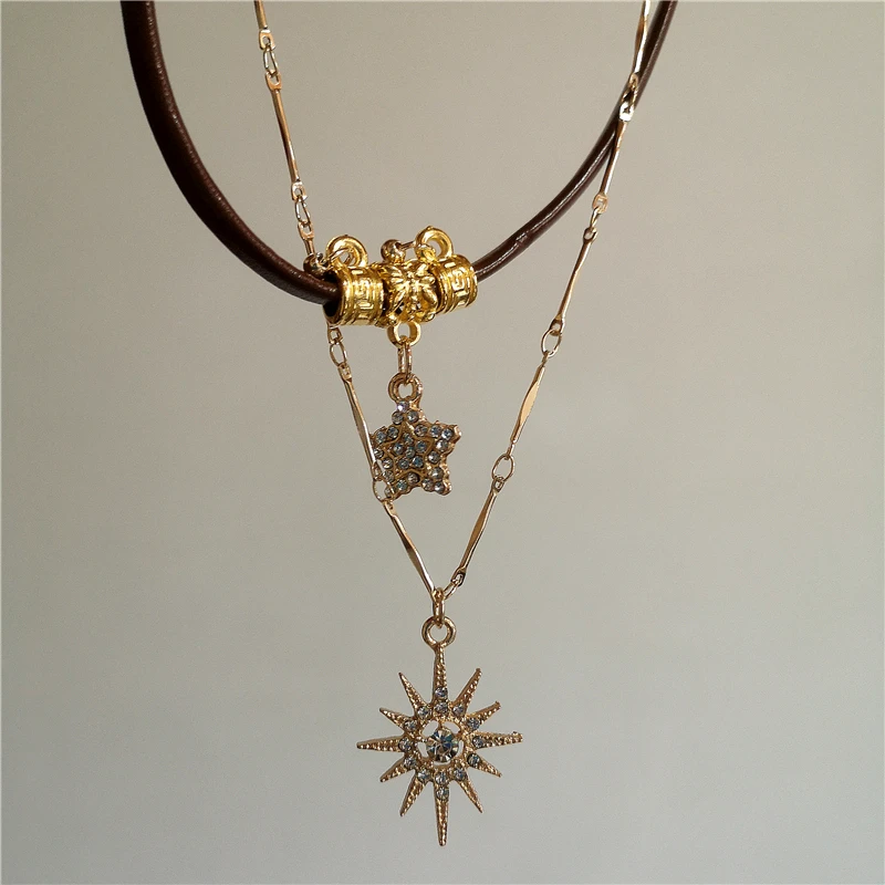 Vintage Leder braun Stein Sonne Anhänger Perlen Halsband Schlüsselbein Kette Halskette für Frauen einzigartige Y2K personalisierte Grunge Schmuck