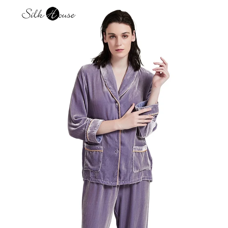

Women's Fashion Autumn/Winter New 18% Natural Mulberry Silk Velvet Elegant Purple Series Long Sleeve Home Clothes Two Piece Set