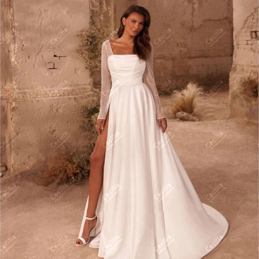 Graziosi abiti da sposa A-Line abiti da sposa in raso maniche lunghe colletto quadrato abiti alta fessura 2025 abiti da sposa personalizzati