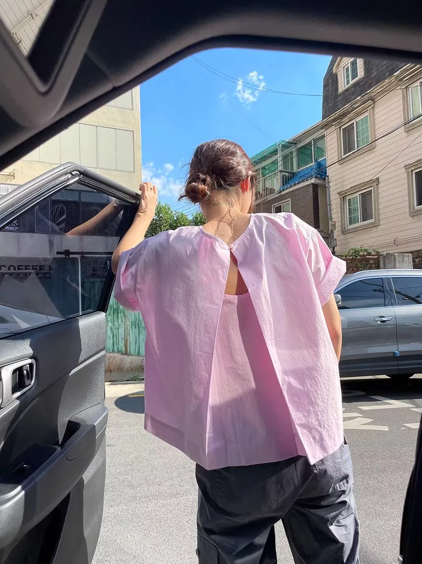 Loose Korean Sle Hollow out ort Sve round Ne Pink irt Women's Summer New Design Sense Button up Casual Cotton Top