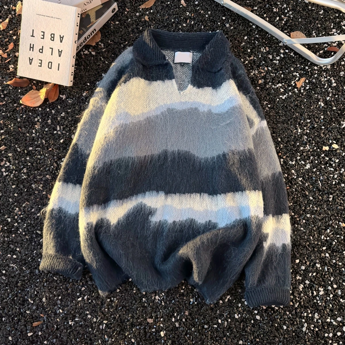 

American Retro Striped Knitwear Loose V-Ne Sweater Casual Top for Men And Women Autumn Season Color Blo Long Sve