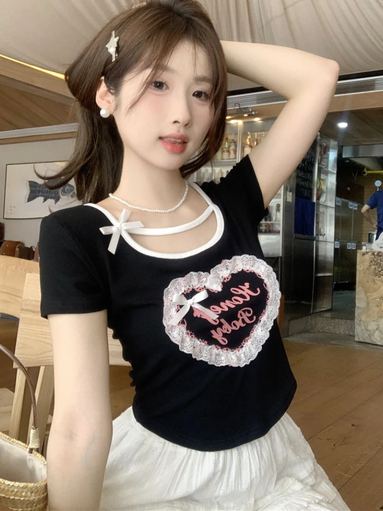 Summer Casual Solid Bow Hollow Out Tops Women Fashion Y2k Slim Lace Print Short Sleeve T Shirts Female Chic Cute Thin Top 2024