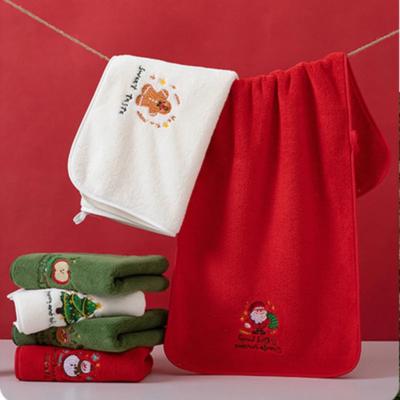 Christmas Coral Fleece Towel Thick Absorbent Embroidered Face Towel Holiday Gift New Year Party Decor Super Plush Hand Towel Set