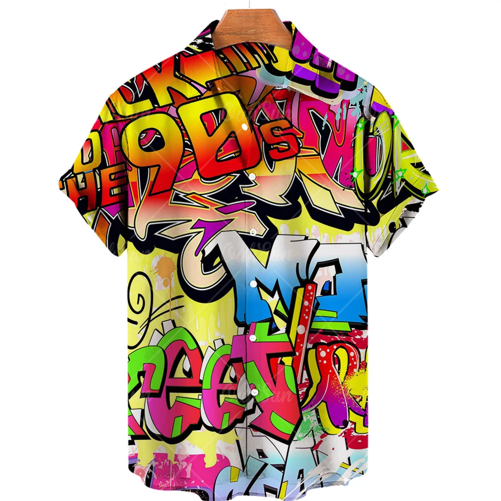 Summer Men\'s Designer Shirts Colorful Graffiti 3D Print Hawaiian Blouse Short Sleeves Fashion Floral Oversized Retro