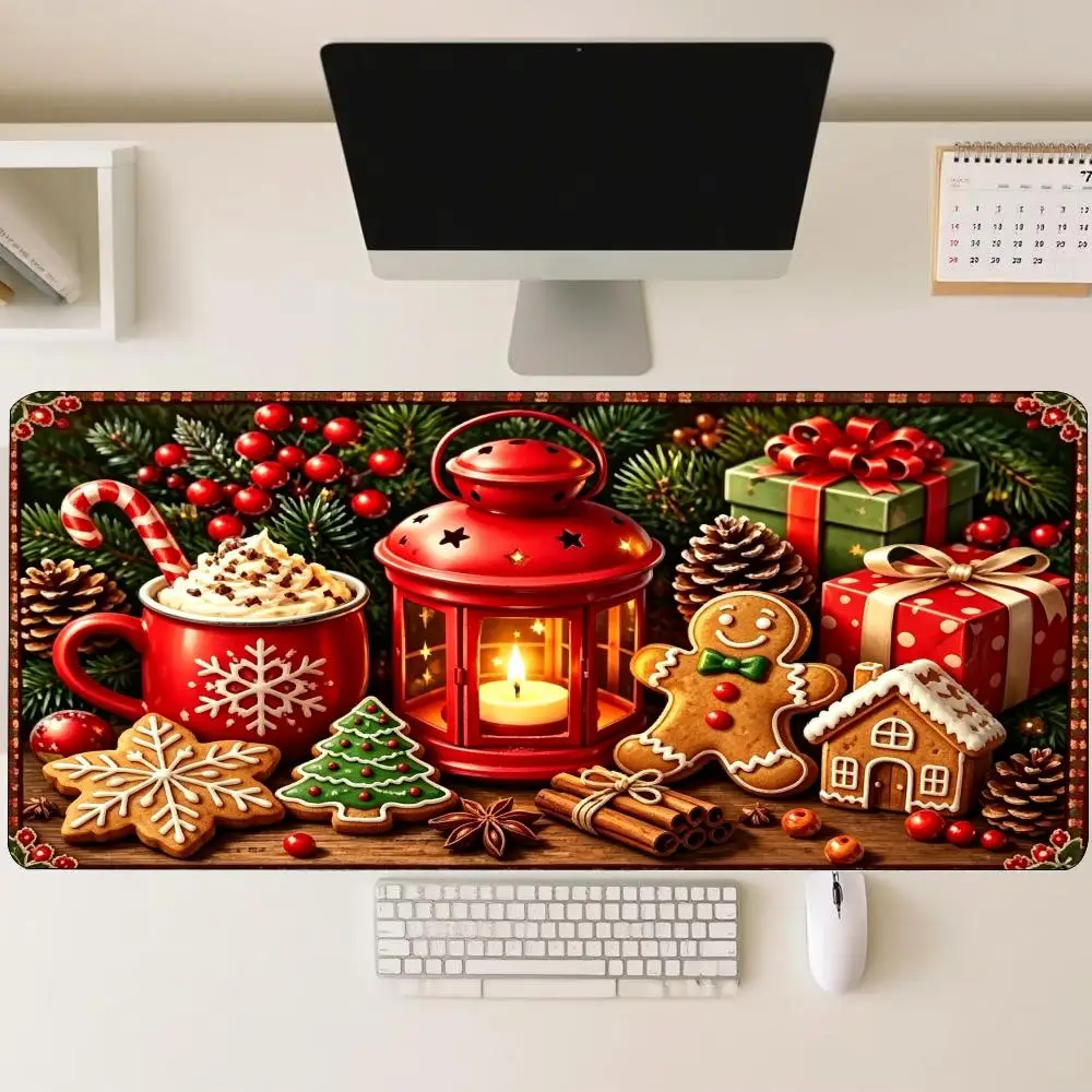 Christmas Gingerbread Red Lantern Cocoa Large Gaming Mouse Pad XXL Desk Mat Non-Slip Stitched Edge for Xmas Keyboard Mat