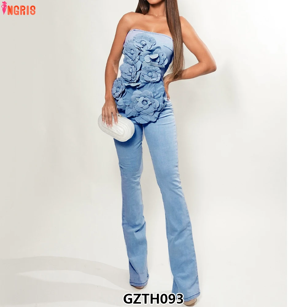 

Boutique Wholesale 2025 Spring New Fashionable French Sexy Flower Denim Laundry Women's Jumpsuit-GZTH093