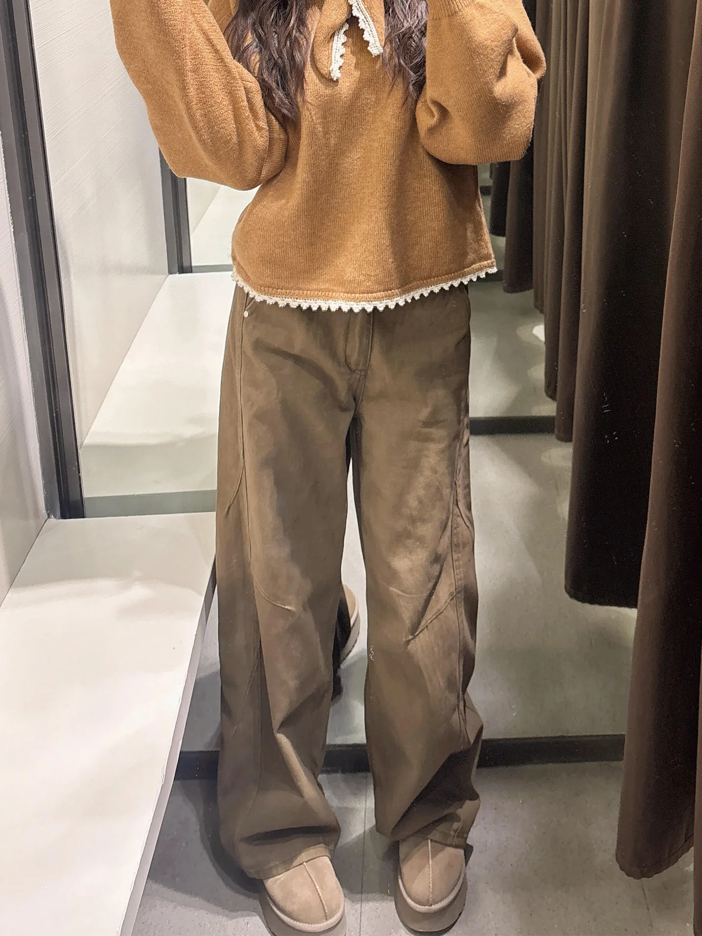 American Sle High Waist Wide Leg Jeans Women's Winter New Loose Floor-Length Slimming Skinny Jeans Waed out Brown Coffee