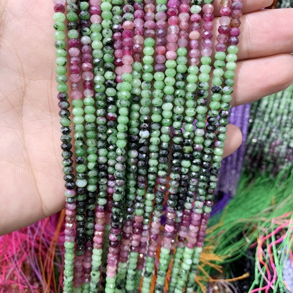 Cuentas sueltas facetadas de turmalina, granate Natural, rubí, zoisita, fluorita, para fabricación de joyas, collar y pulsera, 3x4mm