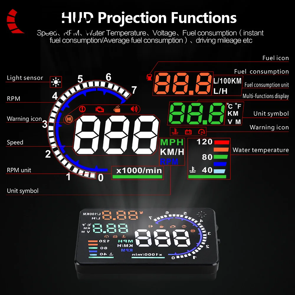 

A8 OBD HUD Car Head Up Display Digital Speedometer KMH Tachometer Windshield Projector Display Speed Water Temp RPM With Alarm