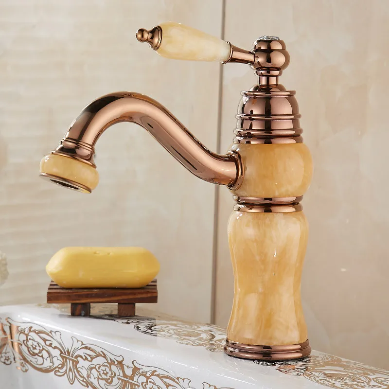 

Basin Faucets European Style Gold Art Platform Matching Cold And Hot Mixer Taps Head Jade Bathroom Sink Faucets