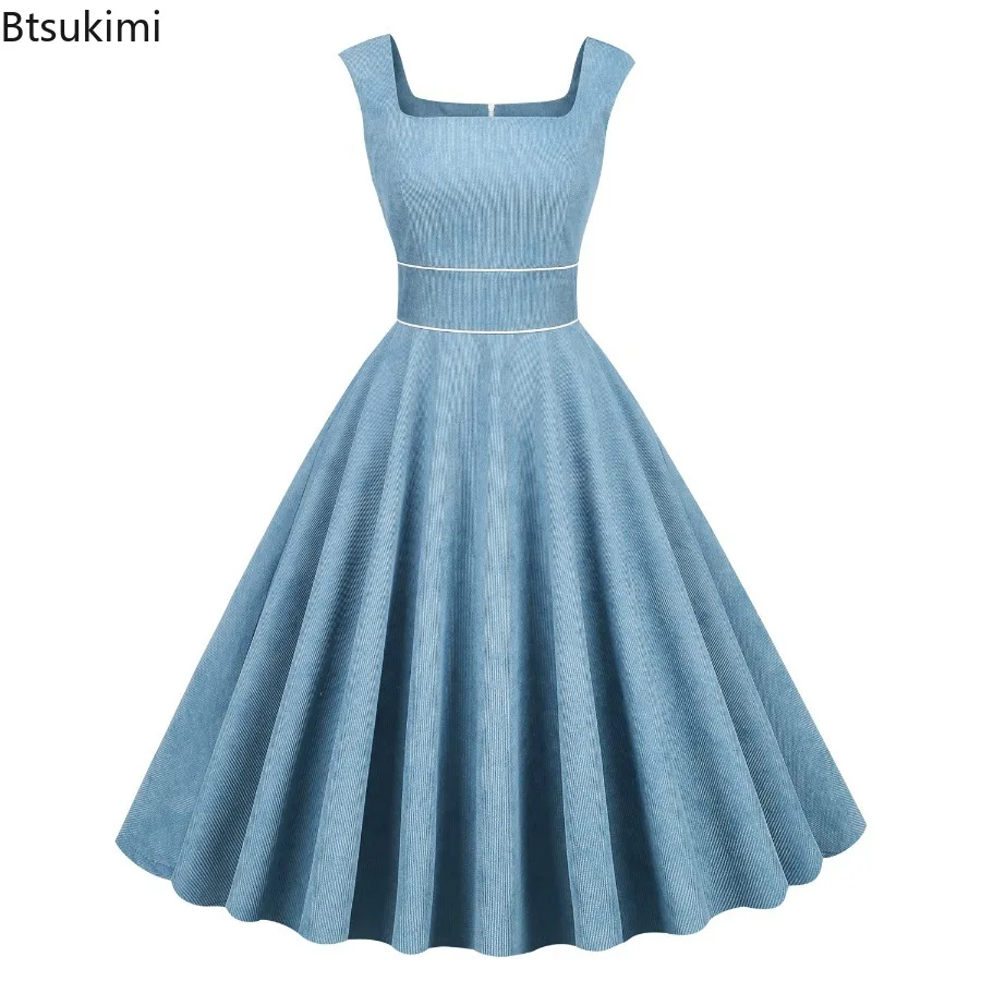 

New 2025 Women's Vintage Strap Pocket Dress Retro Solid Color Sleeveless Swing Dress Rockabilly Cocktail Party Corduroy Dress