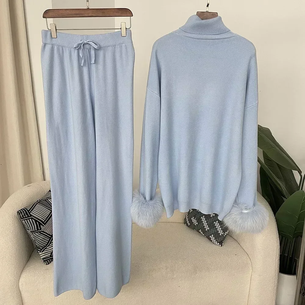 Thick Warm Natural Real Fox Fur Cuffs Coat 2024 New Fashion Autumn Winter Knitted Sweater Women Long Pants Set Jacket