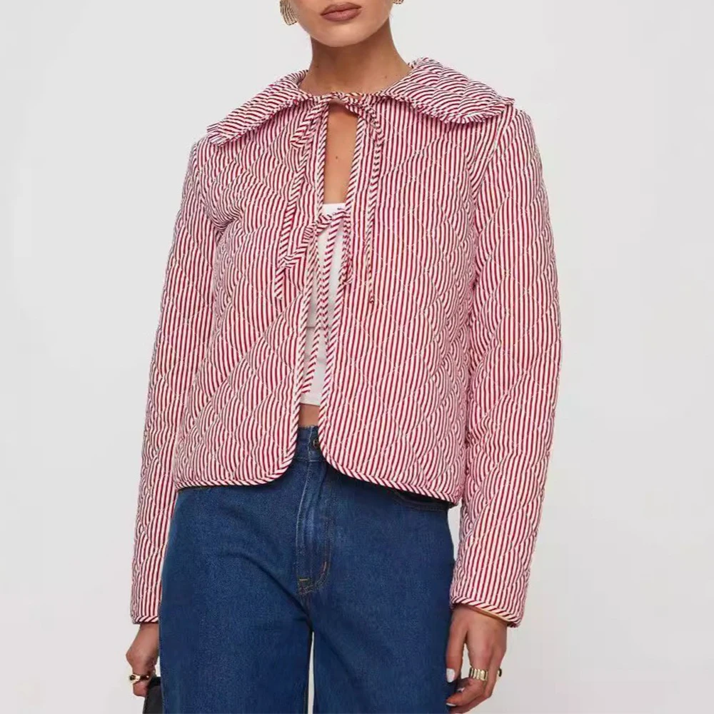 

Elegant Lapel Women's Cotton-Padded Jacket Long Sleeve Striped Lace-Up Top European American Style