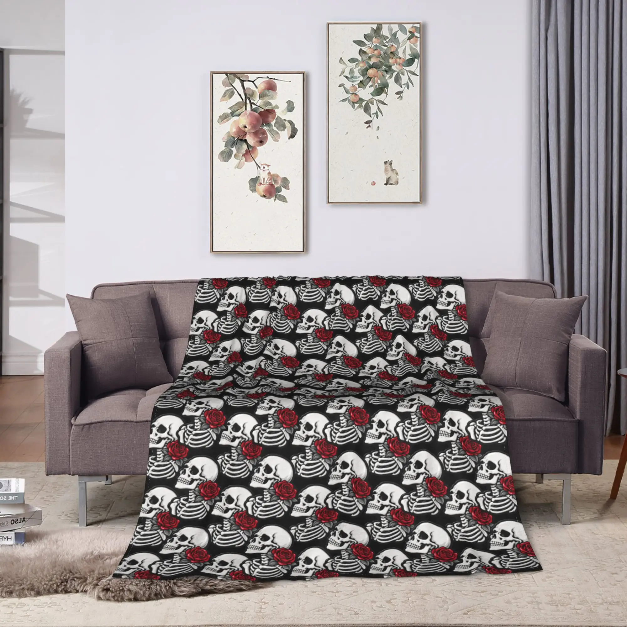 Halloween Theme Skeleton Bust Red Rose Soft Blankets  Kids Plush Throw Blanket Fluffy Couch Bed Flannel Bedspread Sofa Bed Cover