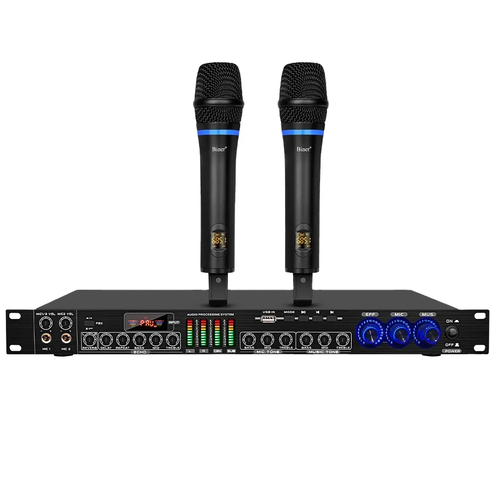نظام صوت معالج الصوت Biner FBX-8 Anti Howling KTV المسبق مع 2 ميكروفونات للكاريوكي المنزلي