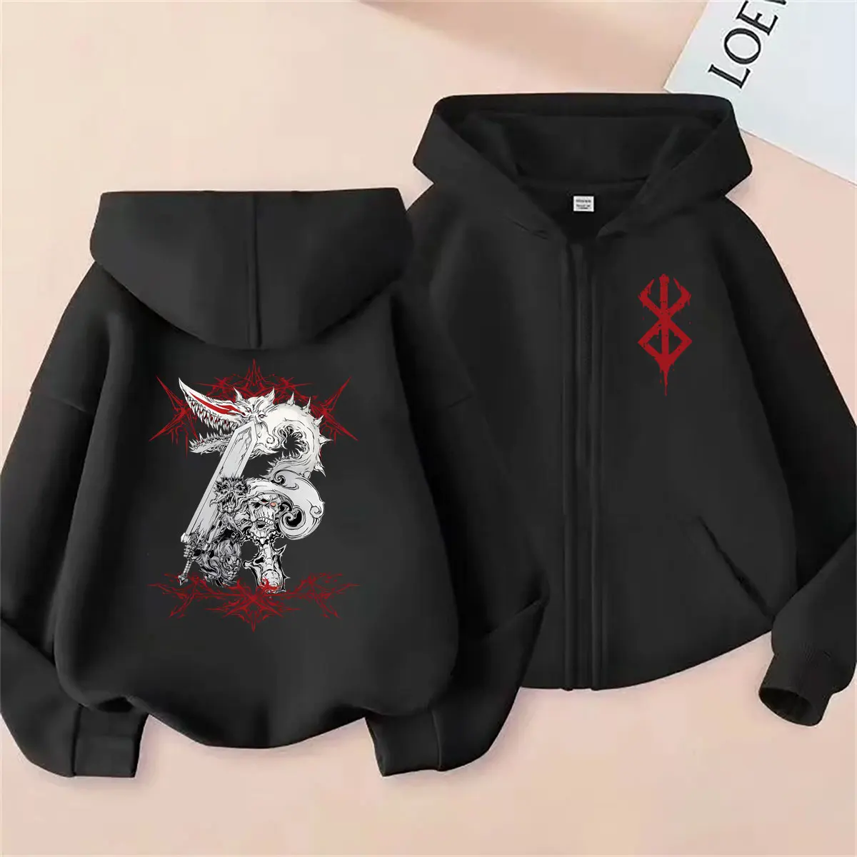 

Anime Berserk Guts Graphic Zipper Hoodie Retro Manga Skull Knight Gatsu Griffith Zodd Zip Up Jacket Men's Oversized Streetwear