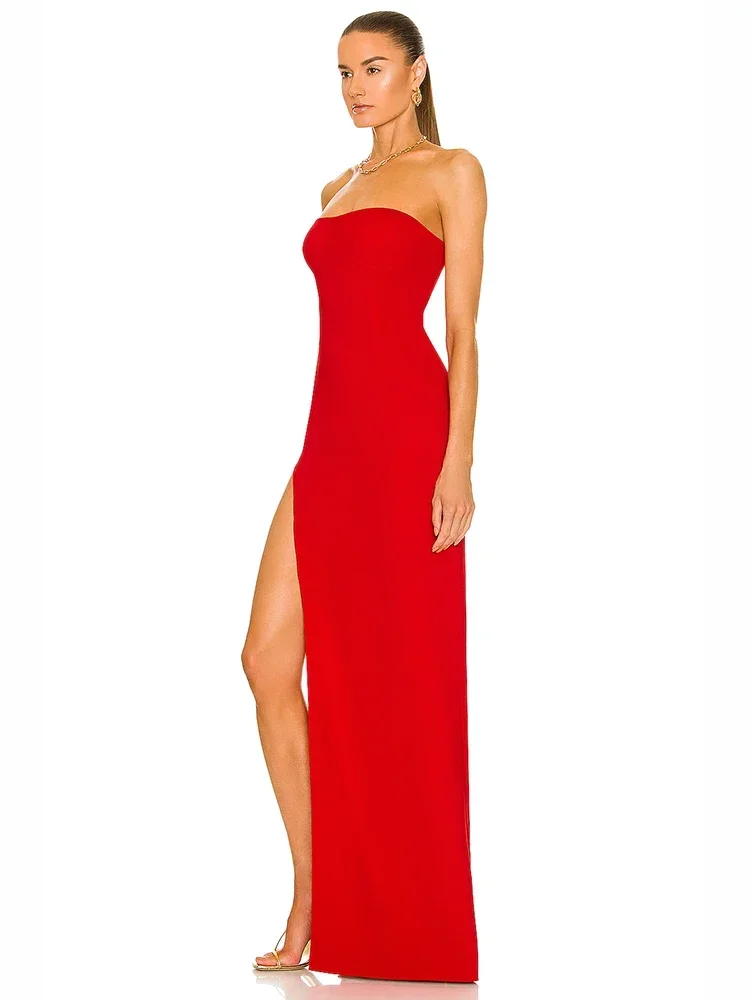 섹시한 빨간 Strapless 높은 분할 긴 붕대 드레스 여성 민소매 Backless Bodycon 드레스 우아한 저녁 파티 가운