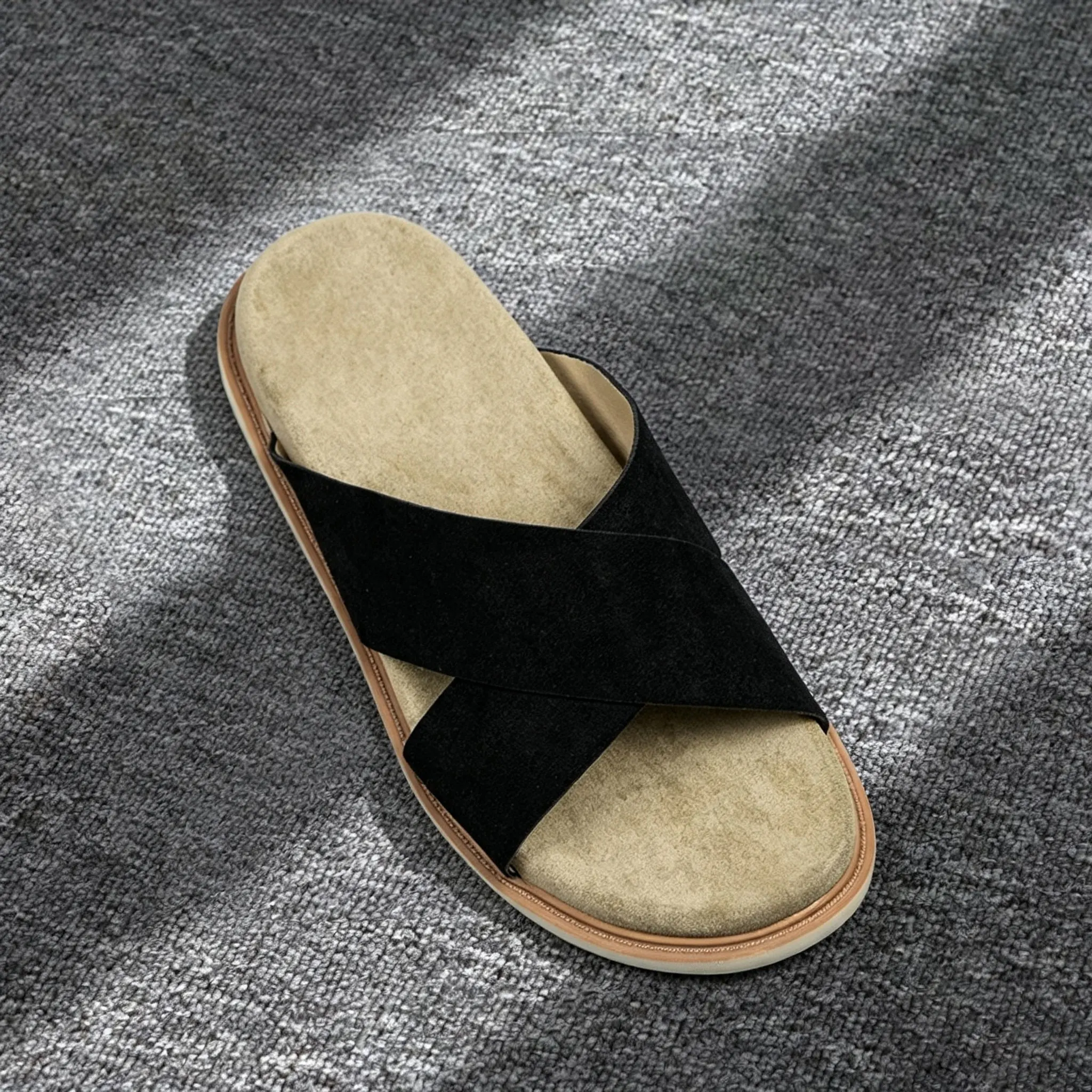 Summer Vacation Men's Slip-On Slippers Casual Soft Bottom Velvet Finish Flat Heel Beach Sandals Comfortable round Toe Slippers