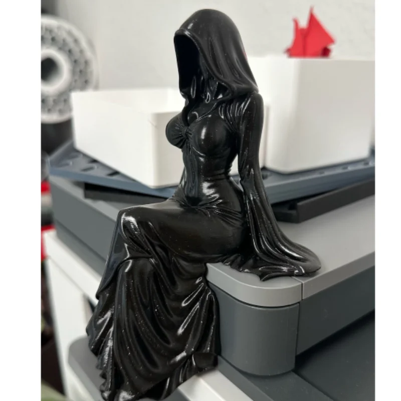 3D Mysterious Statue Black Robe Gothic Black Robe Queen Figure Gothic Style Sitting Pose Handmade Figure Bookshelf Sculpture