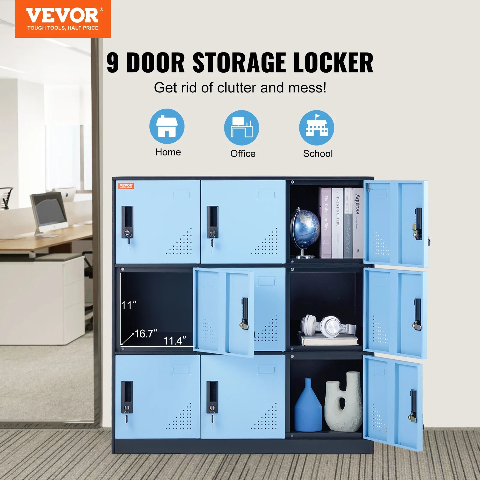 VEVOR Metal Locker for Employees 9 Doors Storage Cabinet with Card Slot & Lock 66lbs Loading Capacity for Office Home School Gym