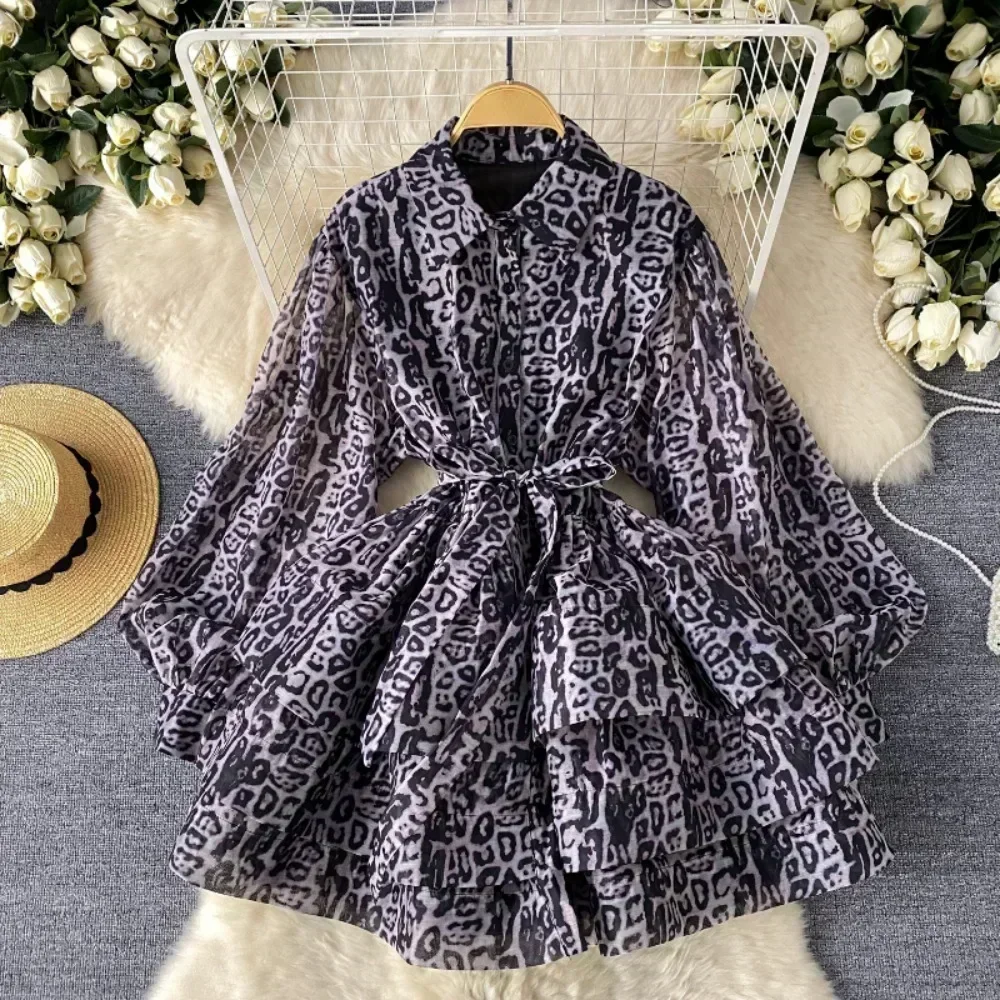 High Waist Cake Vestidos Mujer Laple Neck Lantern Long Sleeve Women Dresses Lace Up Tunic Dress Print Vestido 2025 Robes