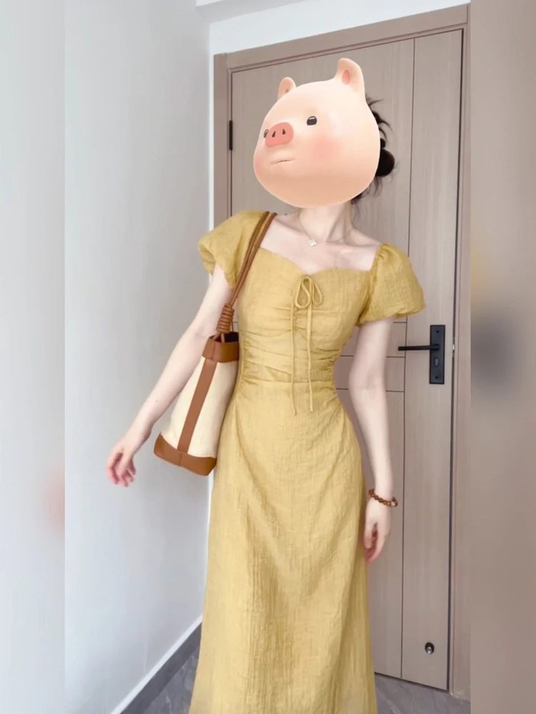 

XZY Ele Summer Long Dr with Bubble Sves for plus Size Women Retro Tea Break Sle Casual Commute Wind A-Line Dr