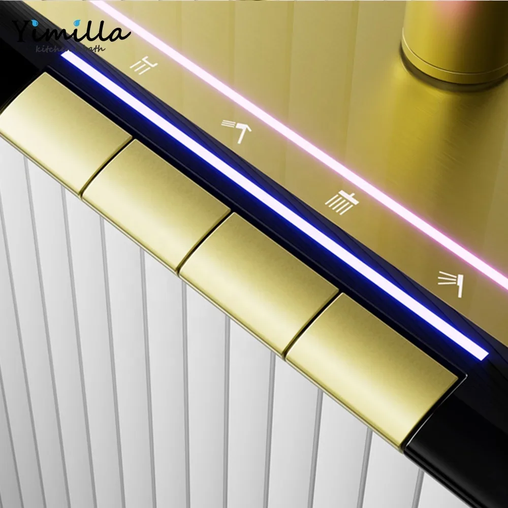 Modern Luxury Brass Shower Set Gun Grey  Massage Brushed Gold Digital LED Light Bathroom Shower Set with Cold and Hot Water