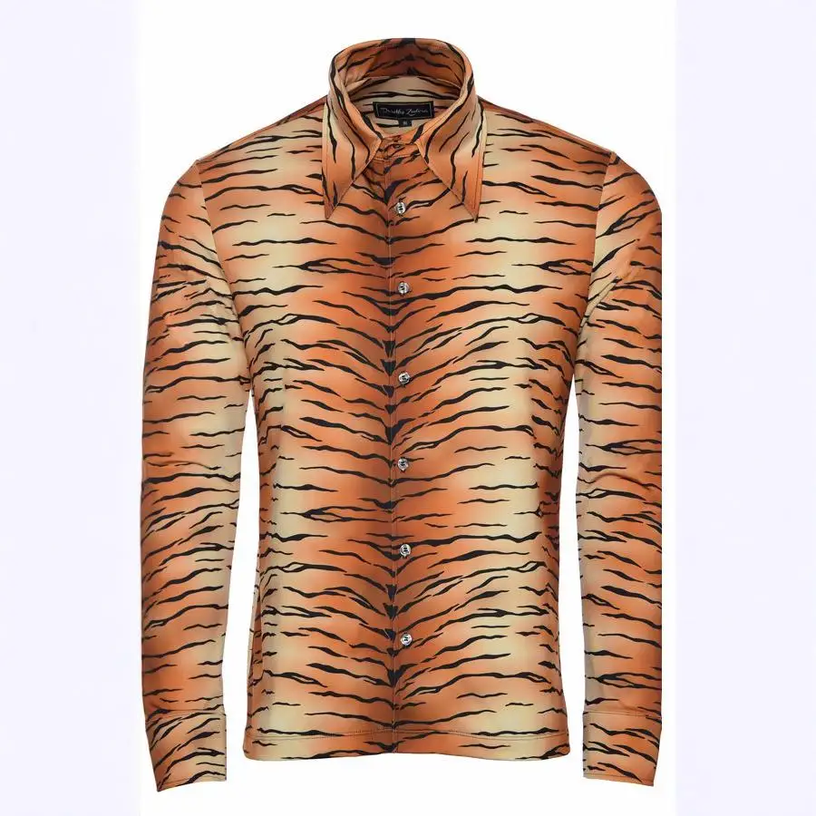 メンズ ロングスリーブ タイガー柄 3D エメルボタン マイクロ伸縮性 カジュアル ファッション 春夏 PU素材 クリーンフィット スタイル