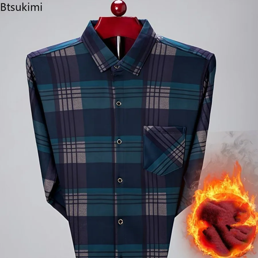 

Autumn Winter Men's Warm Plaid Shirt Button Up Casual Loose Long Sleeve Classic Vintage Plus Size Keep Warm Clothing Shirt Male