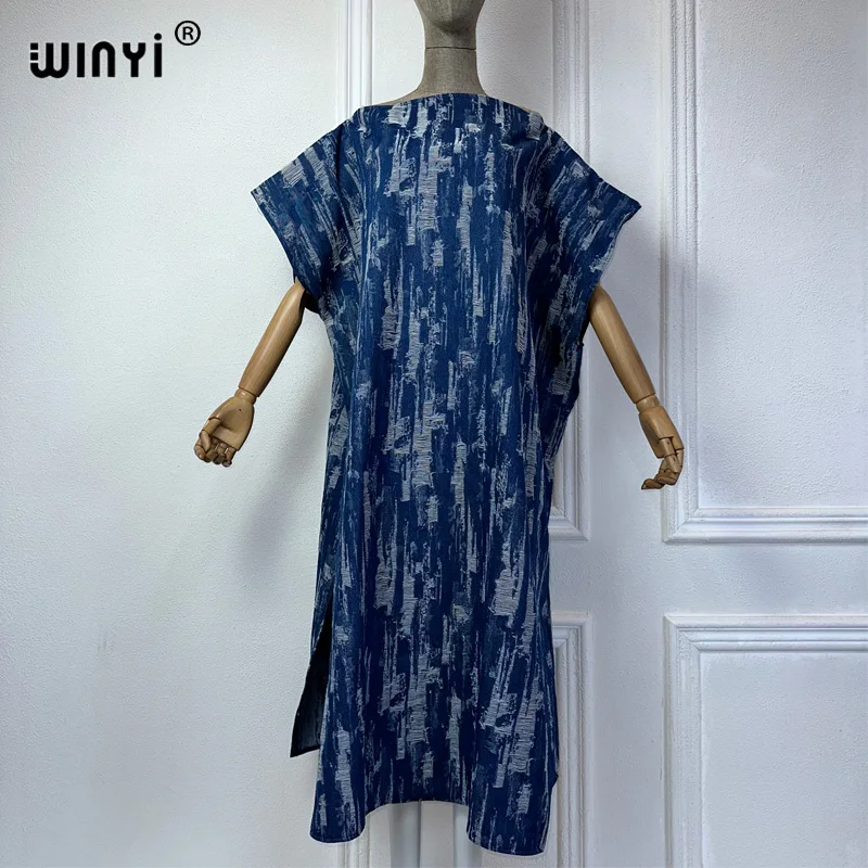 WINYI Original Make an old printed denim dress summer Fashion Africa Womens vestidos holiday Casual Short Sleeve Maxi dress