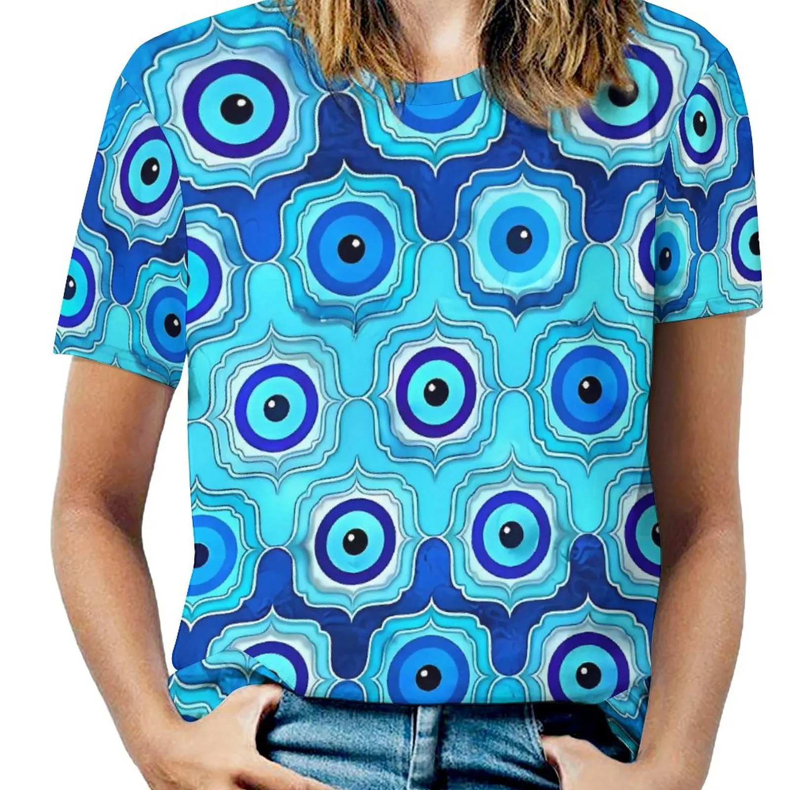 Female T-Shirt Evil Eye O Neck T-Shirts Short Sleeve Blue Glass and Silver Pretty Printed Tops Street Style Top Tees Large Size