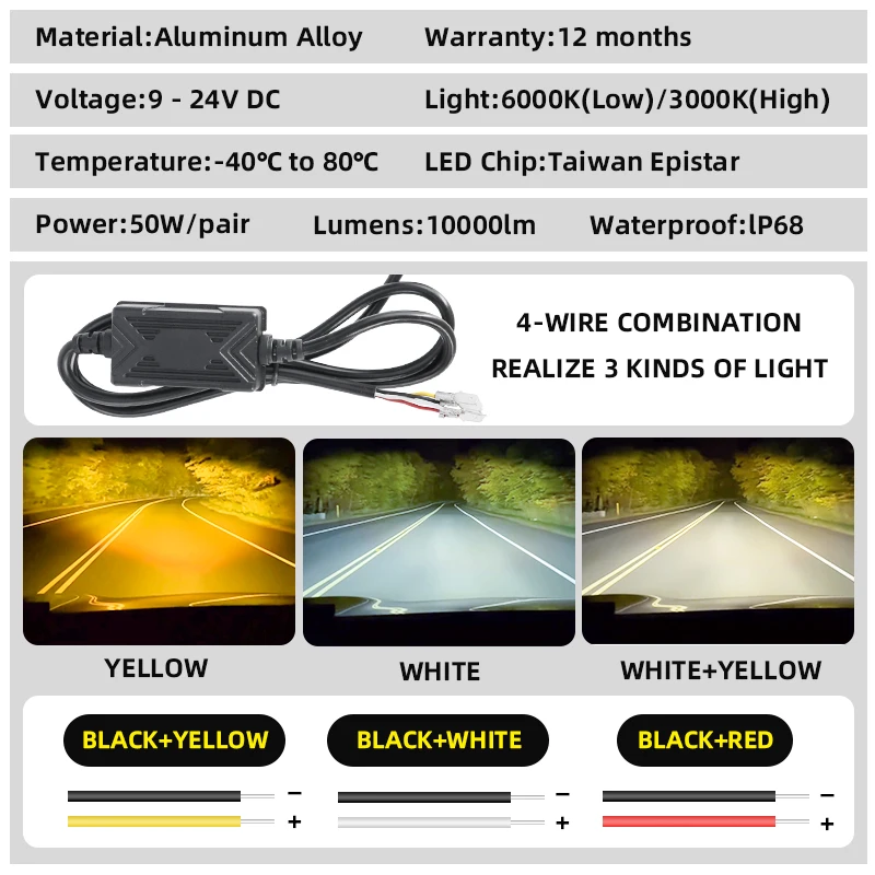 50W Motorcycle Auxiliares LED Headlight Mini Driving Light Universal Dual Color Spotlights Motorbike Truck Trailer off-road 12V