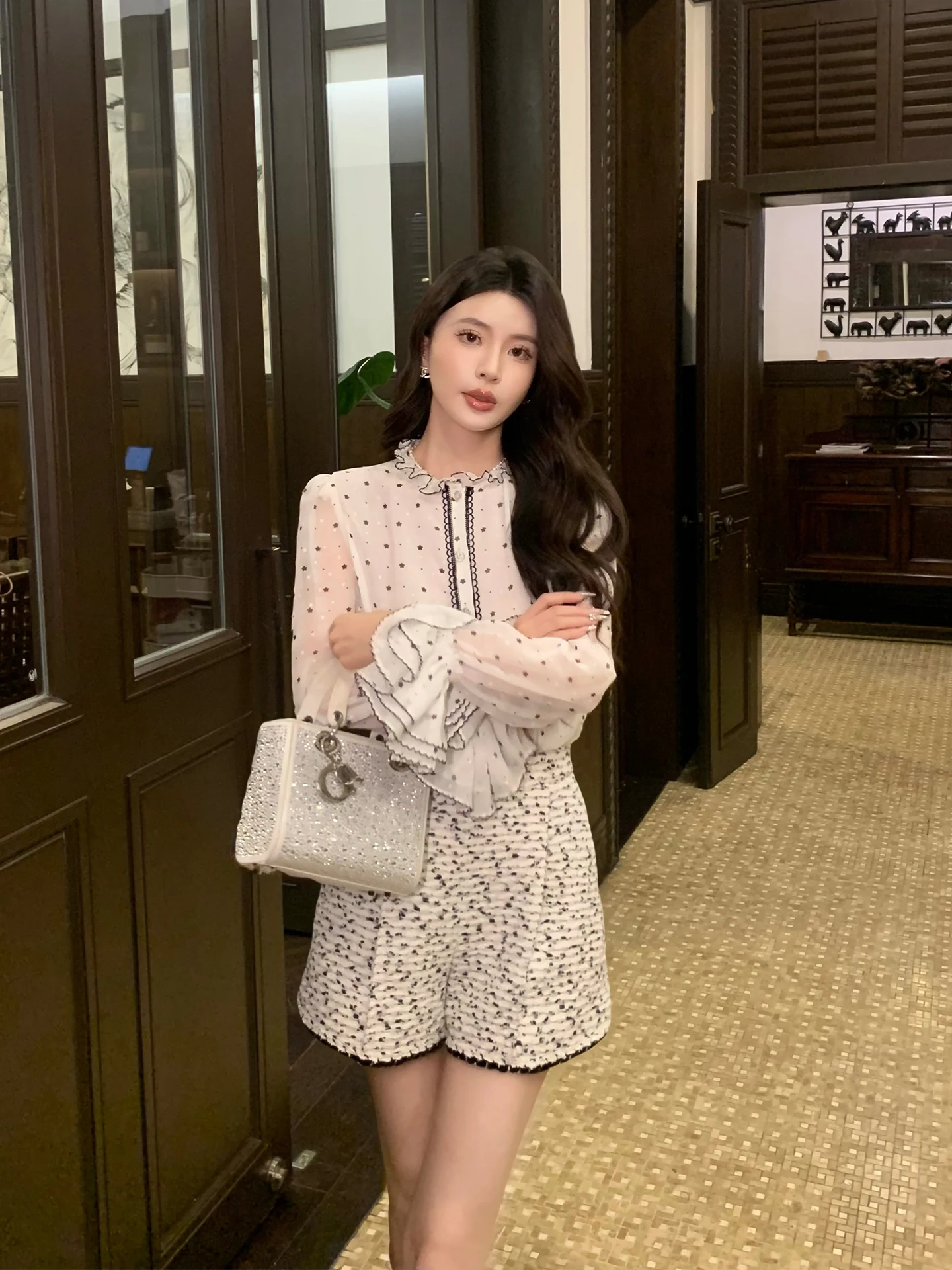 

Женская блузка Kun Miss Early Spring с принтом в горошек, длинными рукавами-фонариками из шифона, свободного кроя, из полиэфирного волокна, во французском стиле