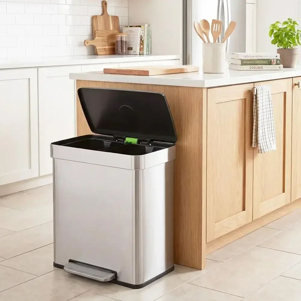 60L Dual Compartment Stainless Steel Trash Can with Removable Buckets and Soft-Close Lid for Home, Kitchen, and Office Use