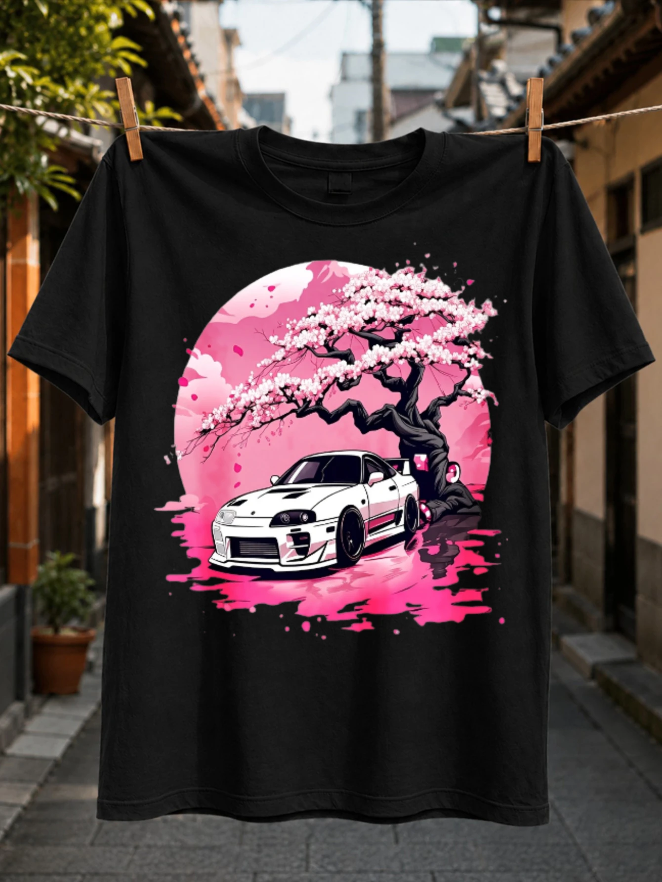 Sports Car Under Pink Cherry Blossoms tuned coupe beside a dark tree in a vivid pink circular  Unisex All T-Shirt