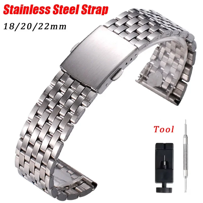 Metal Band 18mm 20mm 22mm Strap Stainless Steel Watchband Seven Beads Bracelet Folding Buckle Universal for Man Woman Wristband