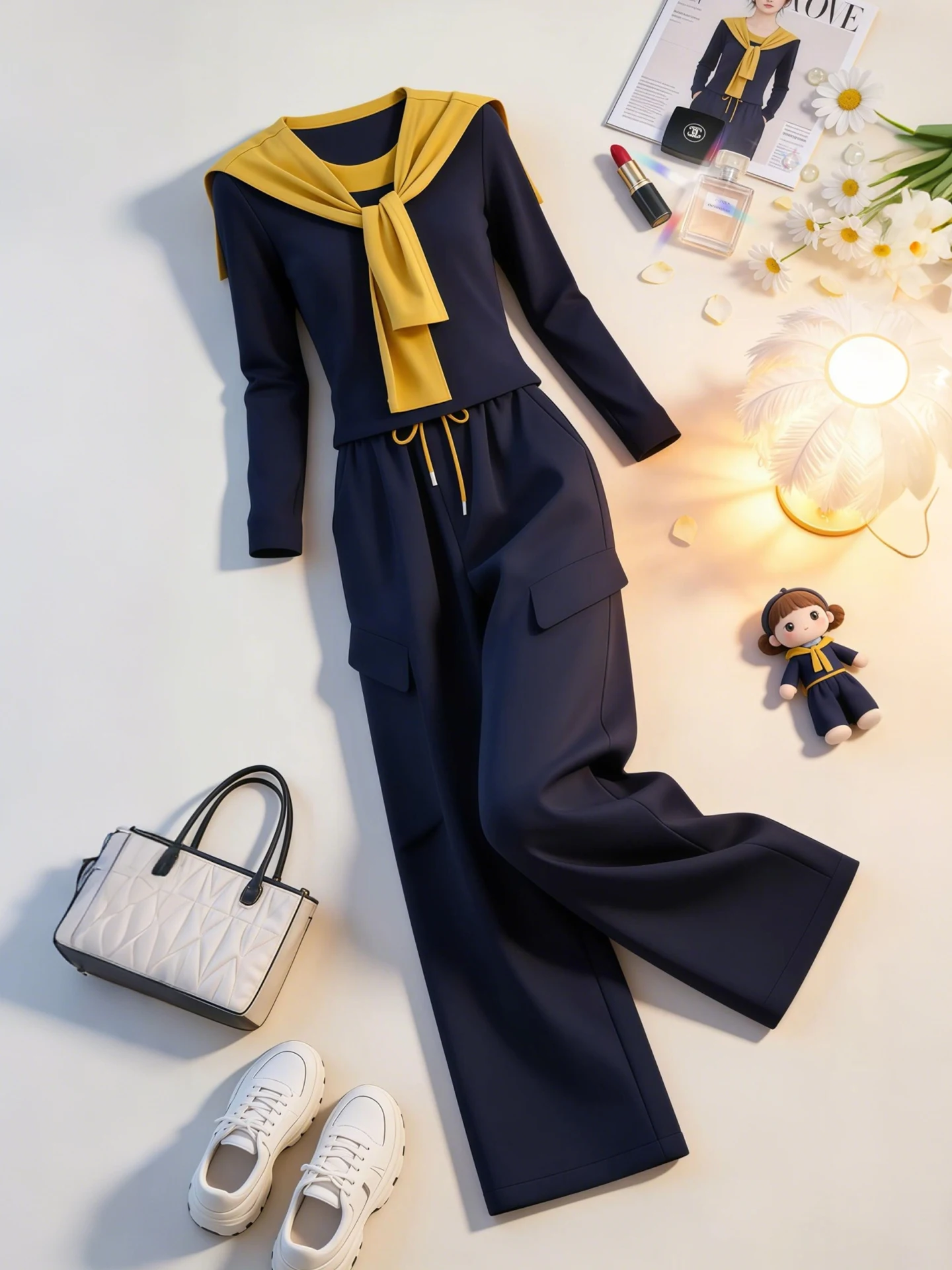 

Spring Fashion Ladies Slimming Shoulder Wrap Top High Waist Wide Leg Pants Set Short Sleeve round Neck Commute Style Workwear