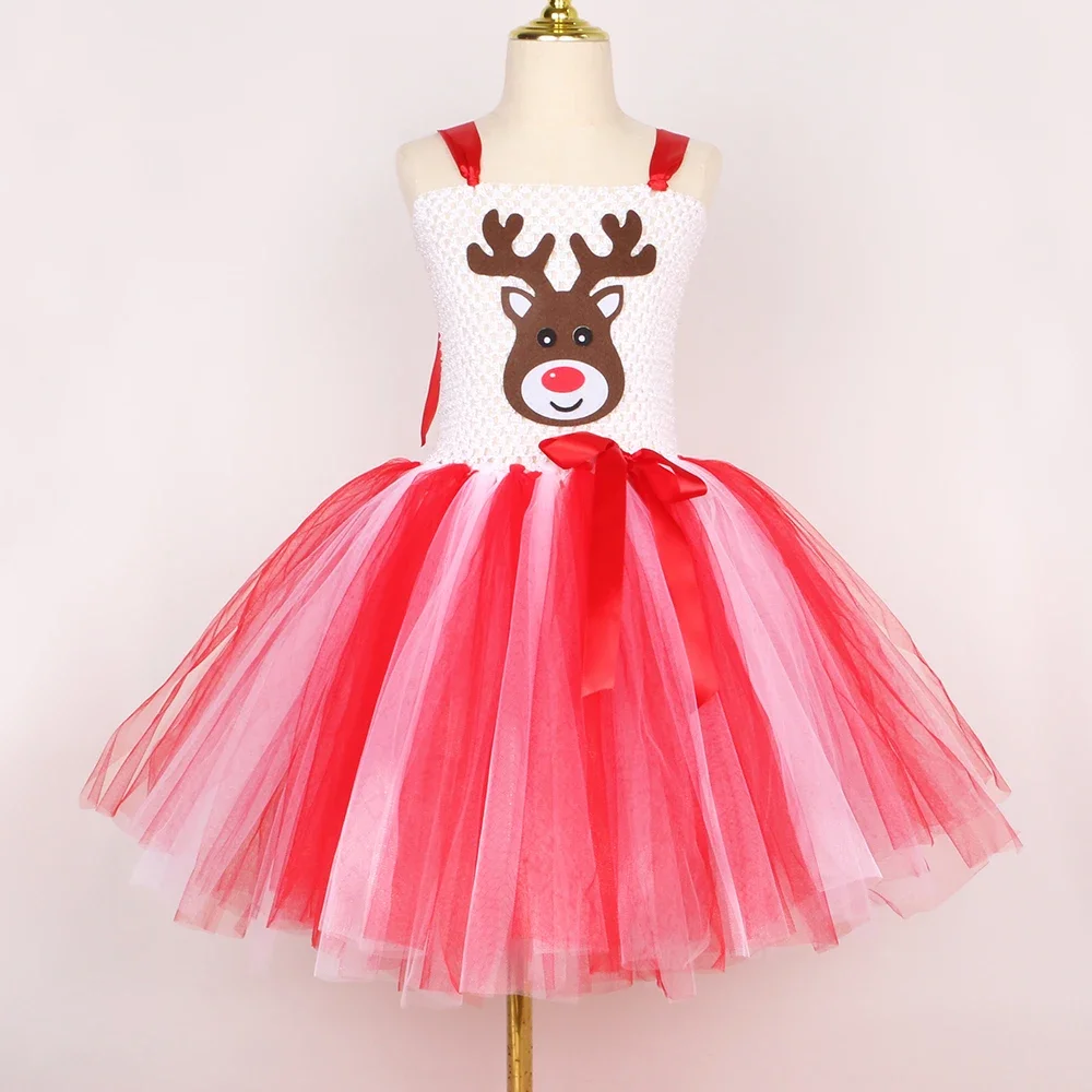 Rudolph Deer Reindeer Costume Girls Christmas Tutu Dress Antler Headband Toddler Kids Xmas Party Cartoon Animal Dress Up Clothes