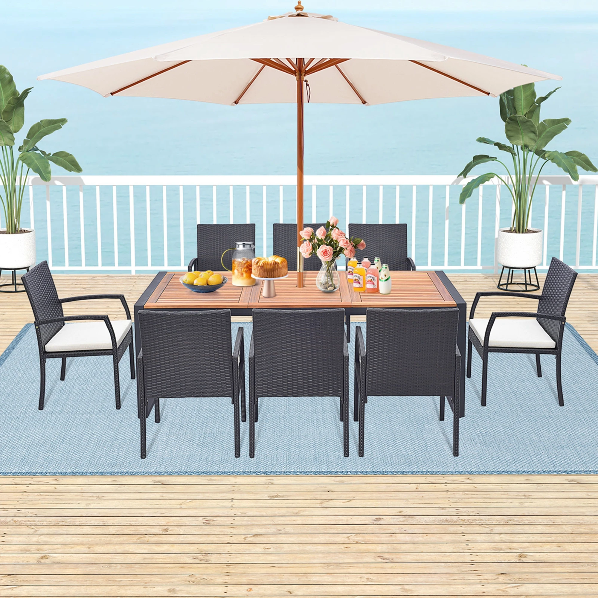 

9 Pieces Patio Rattan Dining Set with Acacia Wood Table, 1.9" Umbrella Hole