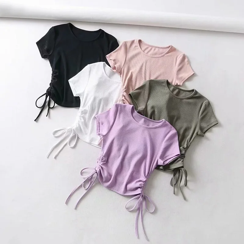 Sexy Side Drawstring Tie Up Ruched Tank Tops Women Solid Color Slim Crop Top Ladies Streetwear Ribbed Knitted Tees 2023