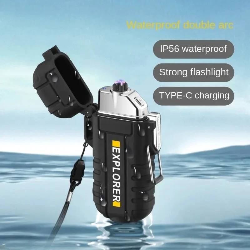 

New TYPE-C Charging Double Arc Waterproof Strip Light D Lighter Portable Windproof Outdoor Camping EDC Cigarette Lighter