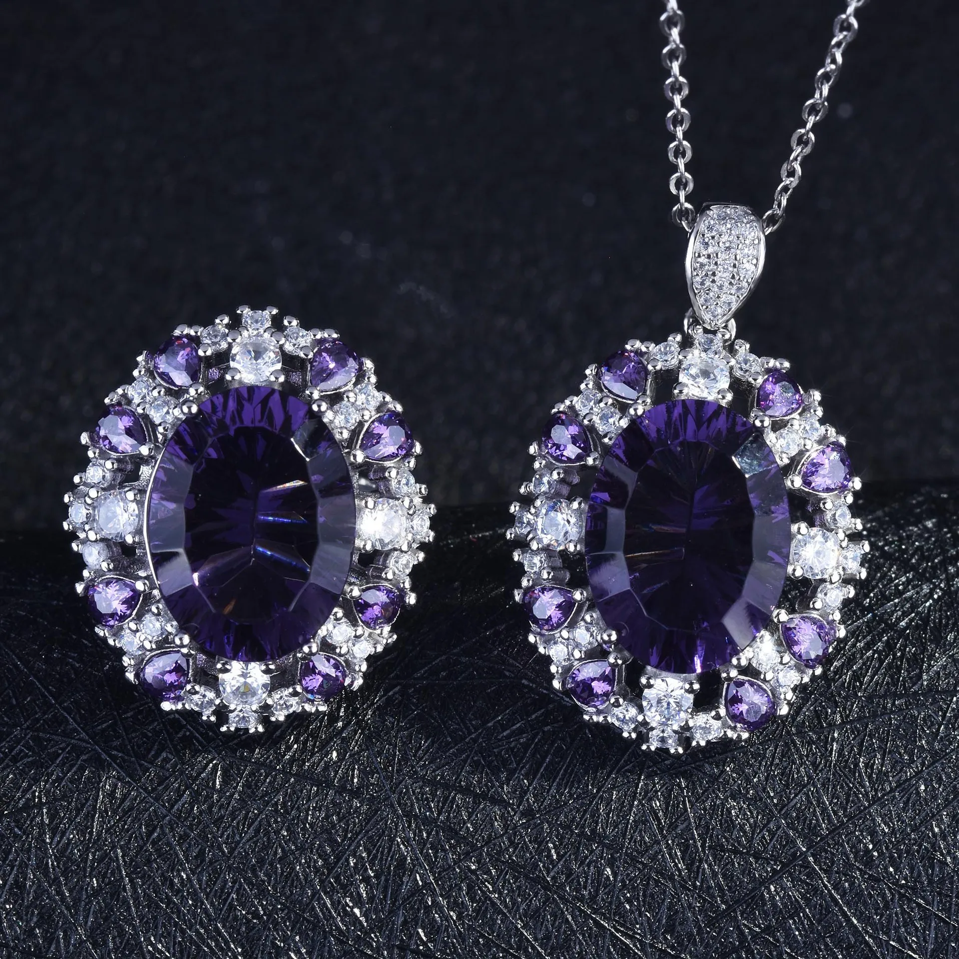 Foydjew Luxury Quality Jewelry Simulation Aquamarine Pendant Necklaces Amethyst Topaz Color Treasure Open Rings Jewelry Sets