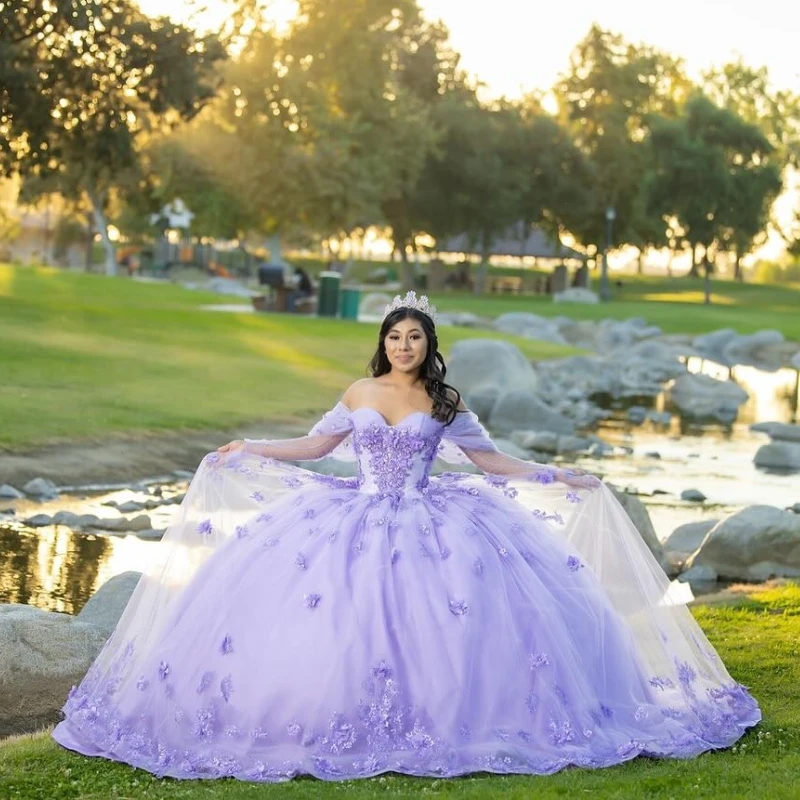 

Lavender Quinceanera Dress Sweetheart Lace Flower Ball Gown Off the Shoulder Long Sleeved Crystal Sweet 15 Vestidos De XV Años